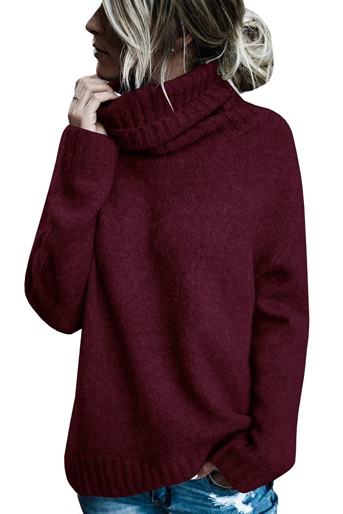 FISACE Womens Oversized Turtleneck Pullover Sweater Cable Knit Long Sleeve Sweater Tops A-Wine Red - Image 1